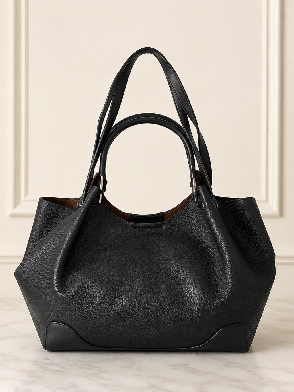 Sondra Roberts Black Pebbled Leather Large Tote Shoulder Bag Dual Handle